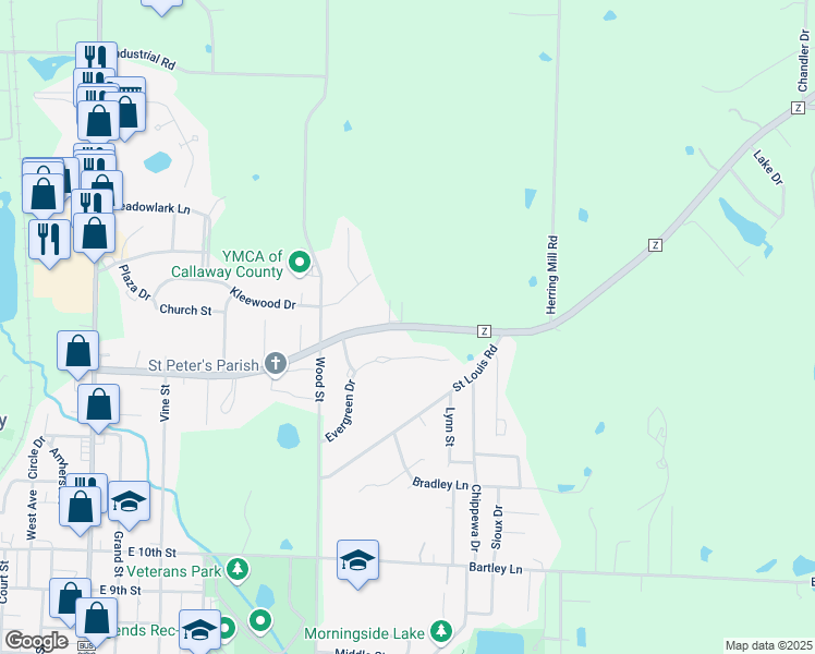 map of restaurants, bars, coffee shops, grocery stores, and more near 825 Evergreen Drive in Fulton