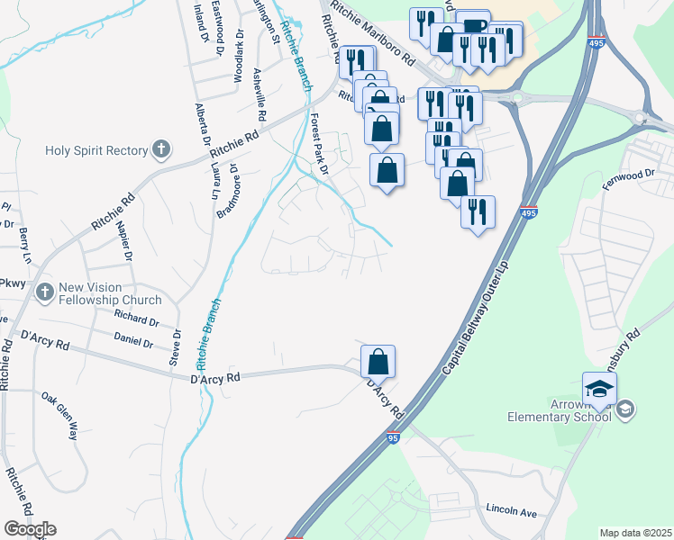 map of restaurants, bars, coffee shops, grocery stores, and more near 1915 Forest Park Drive in District Heights