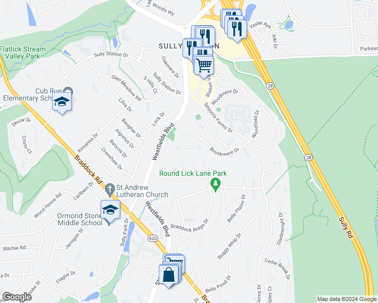 map of restaurants, bars, coffee shops, grocery stores, and more near 5243 Braywood Drive in Centreville