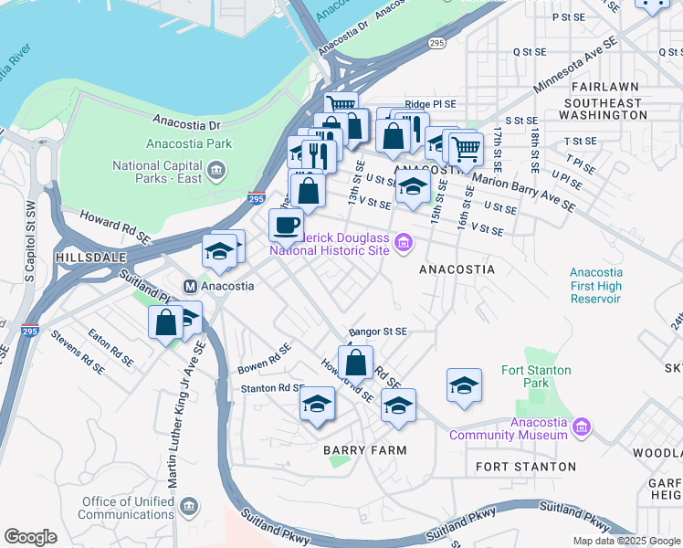 map of restaurants, bars, coffee shops, grocery stores, and more near 2319 Chester Street Southeast in Washington