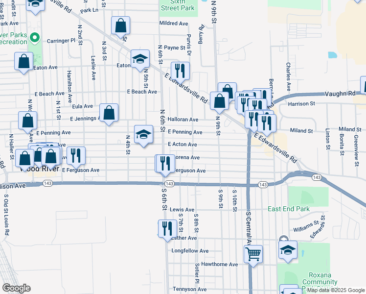 map of restaurants, bars, coffee shops, grocery stores, and more near 656 East Acton Avenue in Wood River