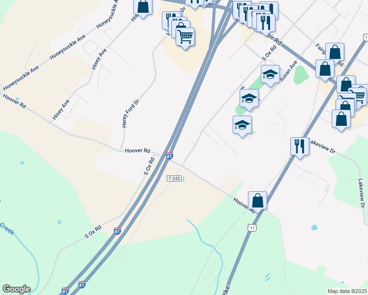 map of restaurants, bars, coffee shops, grocery stores, and more near 1292 South Ox Road in Woodstock