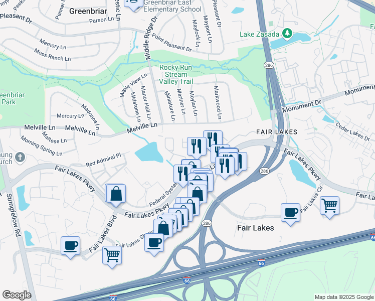 map of restaurants, bars, coffee shops, grocery stores, and more near 4602 Superior Square in Fairfax