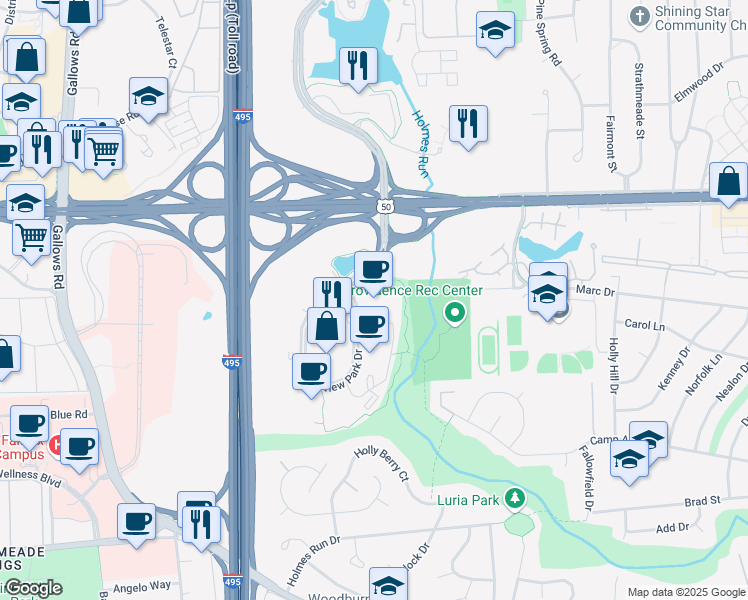 map of restaurants, bars, coffee shops, grocery stores, and more near 3190 Fairview Park Drive in Falls Church