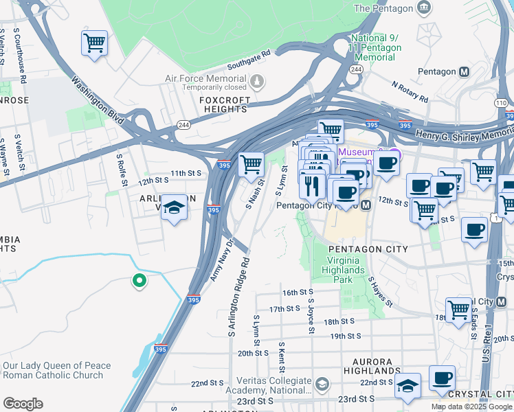 map of restaurants, bars, coffee shops, grocery stores, and more near 1200 South Arlington Ridge Road in Arlington