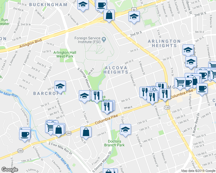 map of restaurants, bars, coffee shops, grocery stores, and more near 4026 7th Street South in Arlington