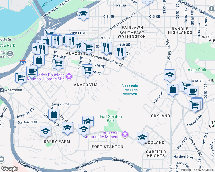 map of restaurants, bars, coffee shops, grocery stores, and more near 1742 W Street Southeast in Washington