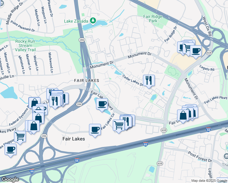 map of restaurants, bars, coffee shops, grocery stores, and more near 4399 Denfeld Trail in Chantilly