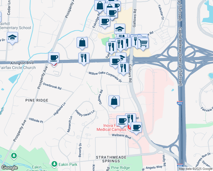 map of restaurants, bars, coffee shops, grocery stores, and more near 3200 Shandwick Place in Fairfax
