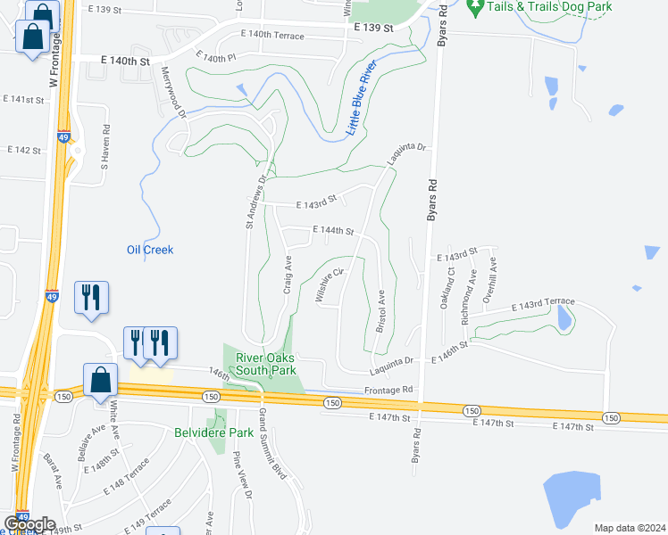 map of restaurants, bars, coffee shops, grocery stores, and more near 14412 Wilshire Circle in Grandview