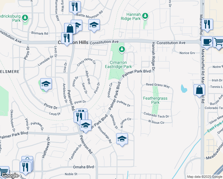 map of restaurants, bars, coffee shops, grocery stores, and more near 2115 Poteae Circle in Colorado Springs