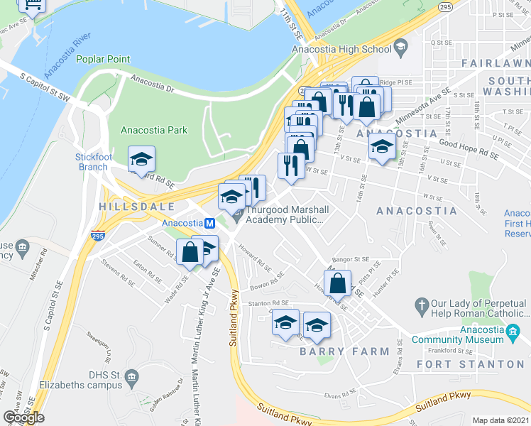 map of restaurants, bars, coffee shops, grocery stores, and more near 1225 Talbert Street Southeast in Washington