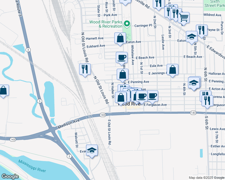 map of restaurants, bars, coffee shops, grocery stores, and more near 126 North Haller Street in Wood River
