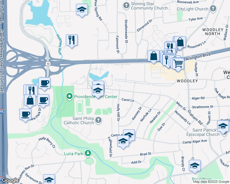map of restaurants, bars, coffee shops, grocery stores, and more near 7503 Marc Drive in Falls Church