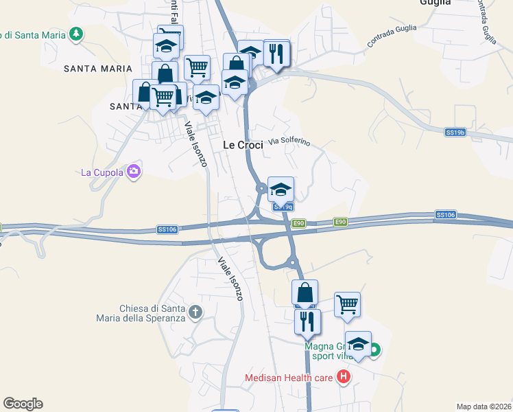 map of restaurants, bars, coffee shops, grocery stores, and more near Via Abruzzi in Catanzaro