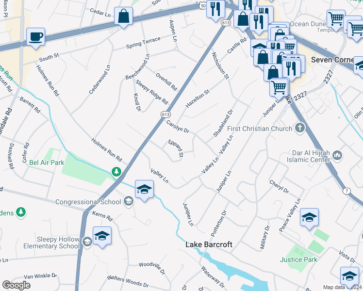 map of restaurants, bars, coffee shops, grocery stores, and more near 6315 Eppard Street in Falls Church