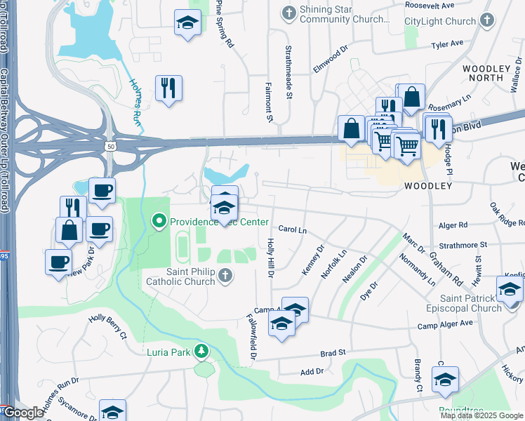 map of restaurants, bars, coffee shops, grocery stores, and more near 7503 Marc Drive in Falls Church