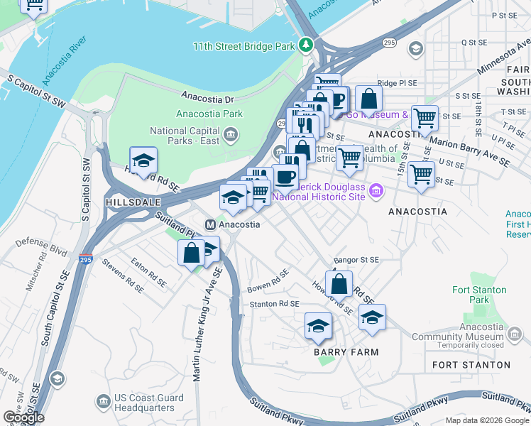 map of restaurants, bars, coffee shops, grocery stores, and more near 1204 Talbert Street Southeast in Washington