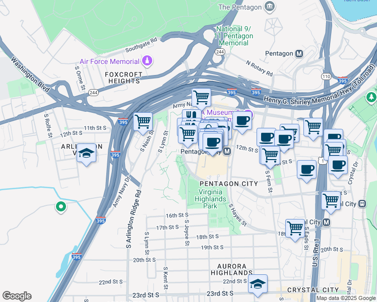 map of restaurants, bars, coffee shops, grocery stores, and more near 1401 South Joyce Street in Arlington