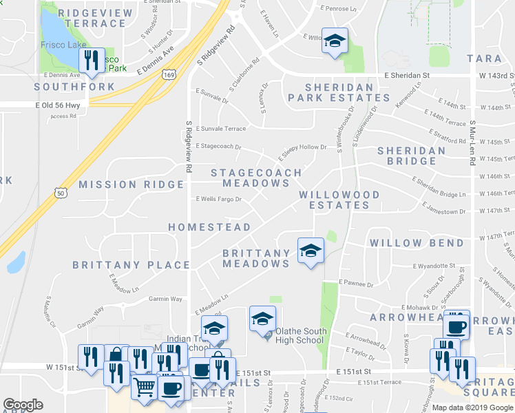 map of restaurants, bars, coffee shops, grocery stores, and more near 1520 East Wells Fargo Drive in Olathe