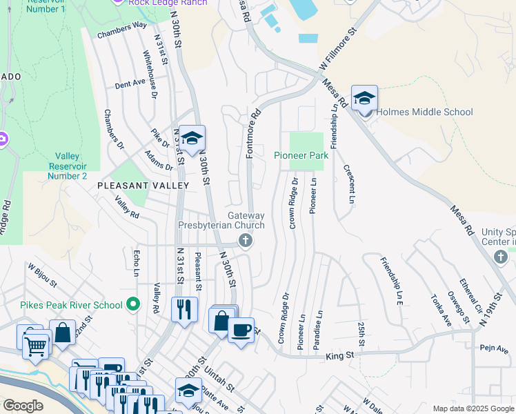 map of restaurants, bars, coffee shops, grocery stores, and more near 827 Fontmore Road in Colorado Springs