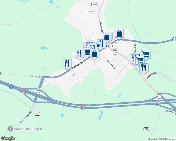 map of restaurants, bars, coffee shops, grocery stores, and more near 8623 Anderson Avenue in Marshall