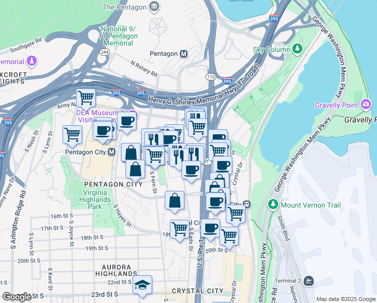 map of restaurants, bars, coffee shops, grocery stores, and more near 1201 South Eads Street in Arlington