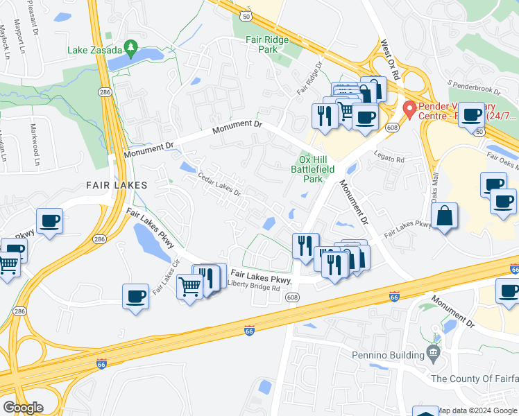 map of restaurants, bars, coffee shops, grocery stores, and more near 4300 Cannon Ridge Court in Fairfax