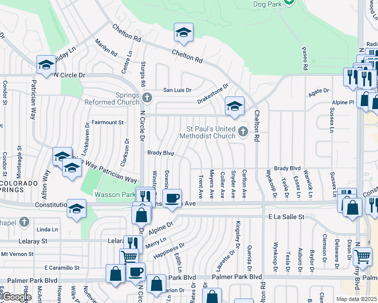 map of restaurants, bars, coffee shops, grocery stores, and more near 2128 Alpine Drive in Colorado Springs