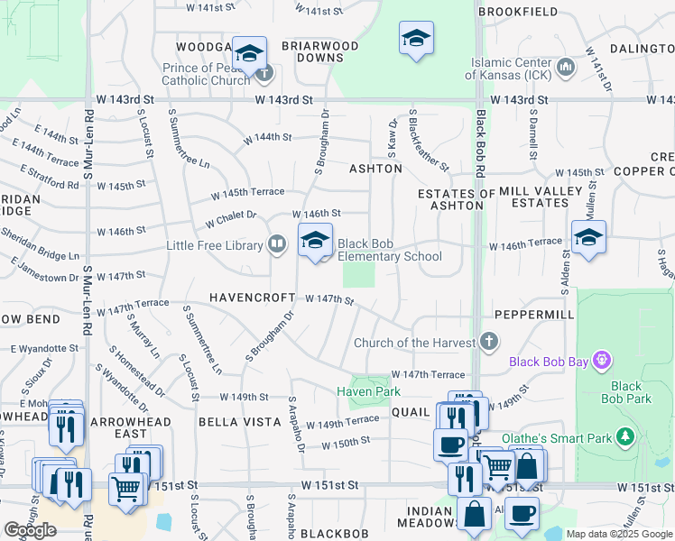 map of restaurants, bars, coffee shops, grocery stores, and more near 14701 South Brougham Drive in Olathe