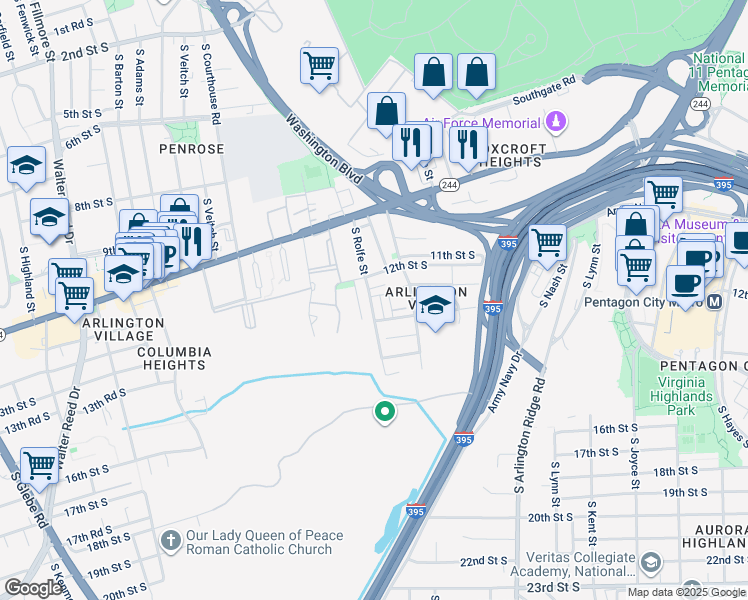 map of restaurants, bars, coffee shops, grocery stores, and more near 1302 South Rolfe Street in Arlington