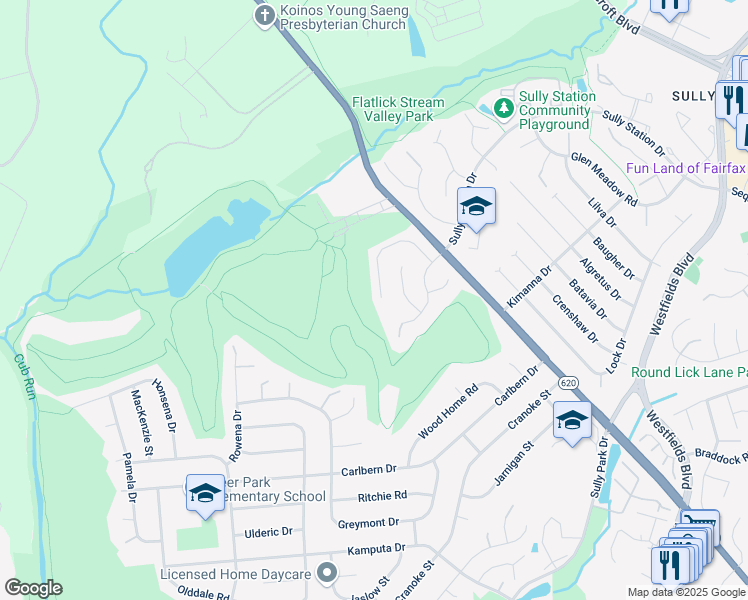 map of restaurants, bars, coffee shops, grocery stores, and more near 13938 Deviar Drive in Centreville
