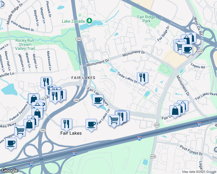 map of restaurants, bars, coffee shops, grocery stores, and more near 4393 Denfeld Trail in Fairfax