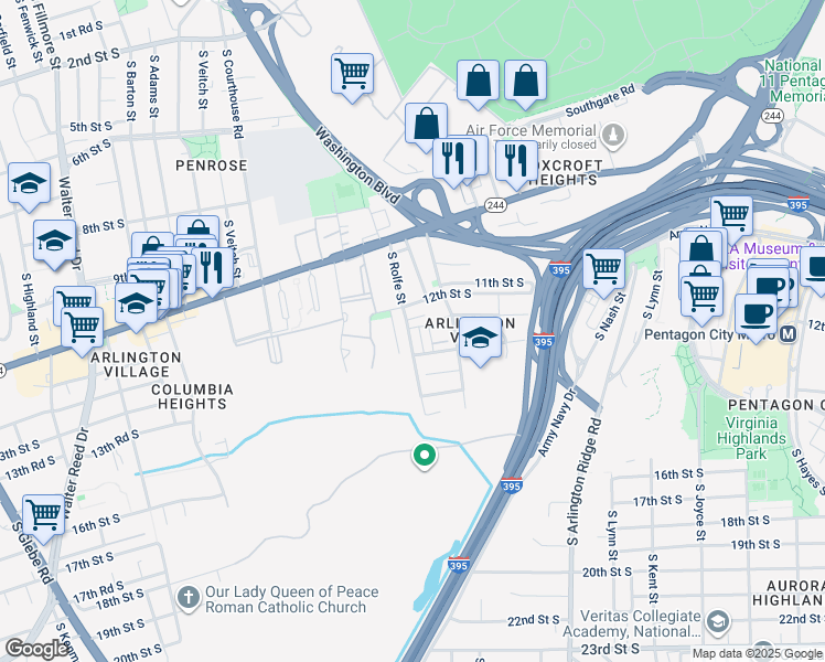 map of restaurants, bars, coffee shops, grocery stores, and more near 1302 South Rolfe Street in Arlington