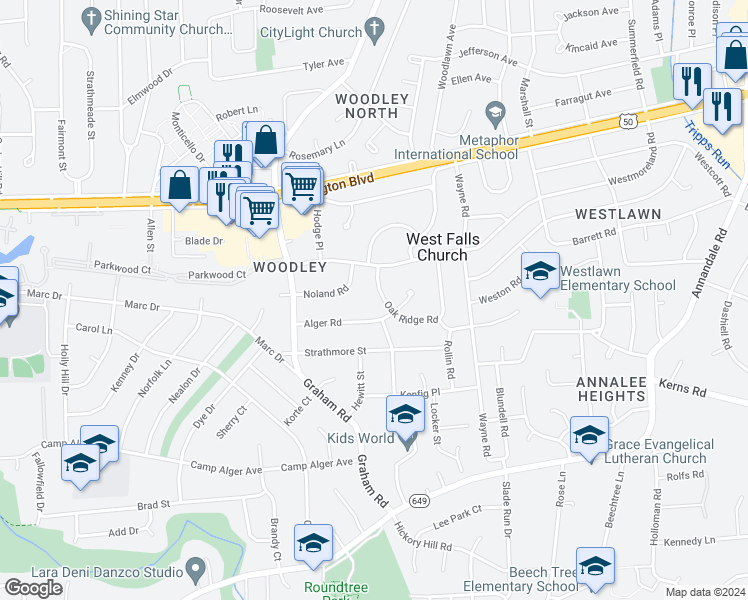 map of restaurants, bars, coffee shops, grocery stores, and more near 7105 Oak Ridge Road in Falls Church