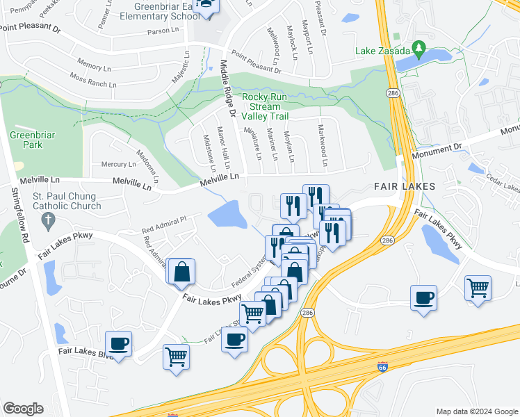map of restaurants, bars, coffee shops, grocery stores, and more near 4507 Fair Valley Drive in Fairfax