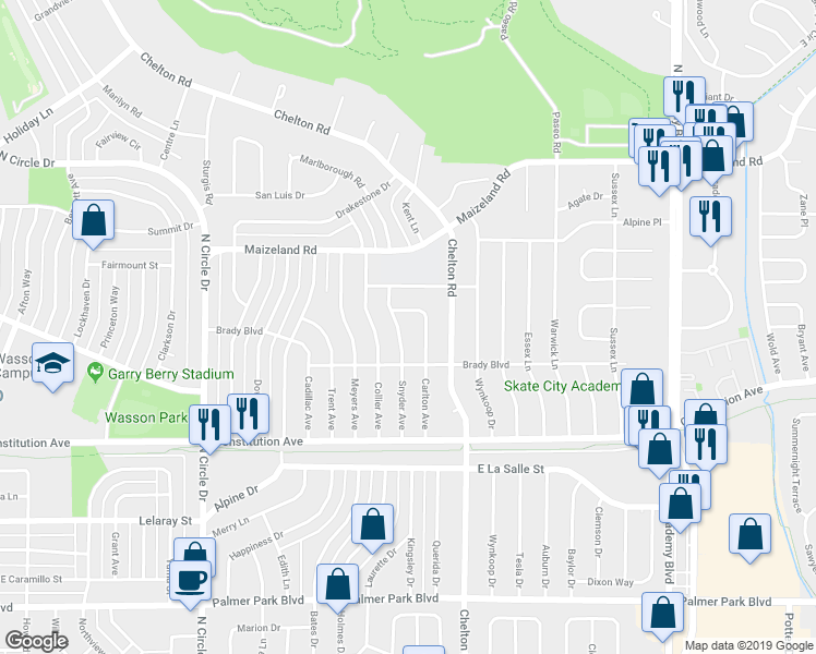 map of restaurants, bars, coffee shops, grocery stores, and more near 2115 Carlton Avenue in Colorado Springs