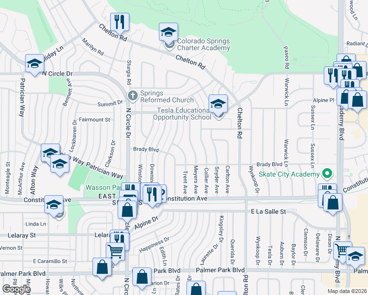 map of restaurants, bars, coffee shops, grocery stores, and more near 2110 Meyers Avenue in Colorado Springs