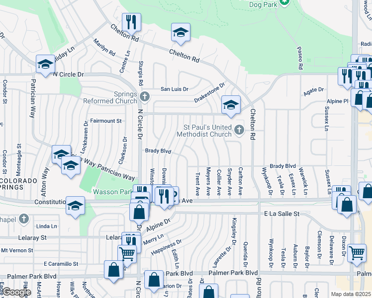 map of restaurants, bars, coffee shops, grocery stores, and more near 2128 Alpine Drive in Colorado Springs