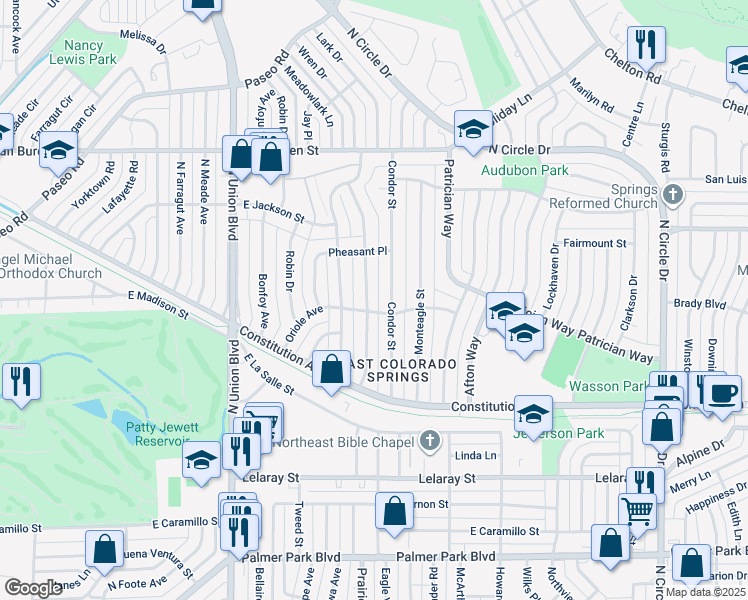 map of restaurants, bars, coffee shops, grocery stores, and more near 2124 Eagle View Drive in Colorado Springs