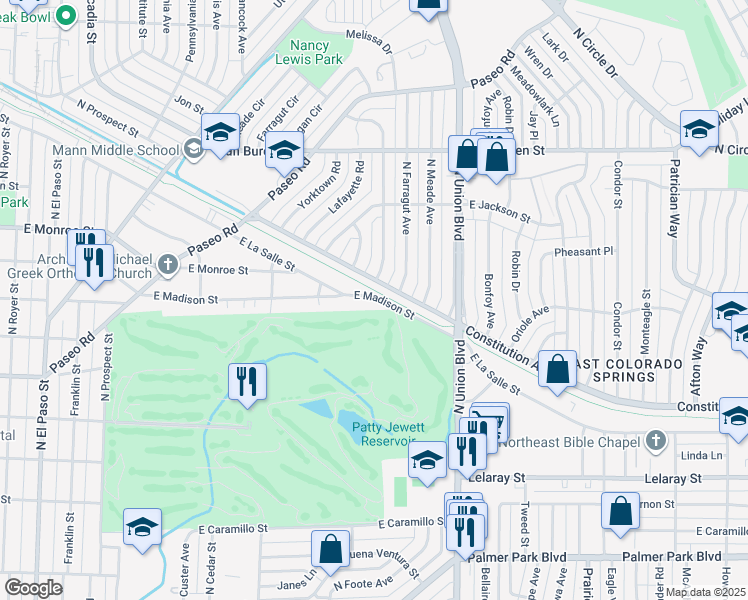 map of restaurants, bars, coffee shops, grocery stores, and more near 2215 North Logan Avenue in Colorado Springs