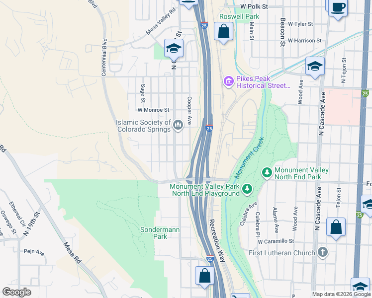 map of restaurants, bars, coffee shops, grocery stores, and more near 2120 Cooper Avenue in Colorado Springs
