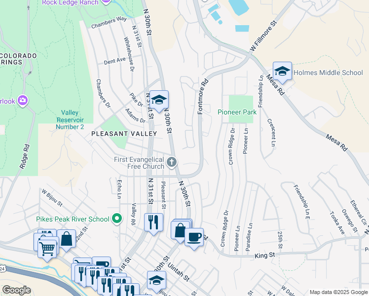 map of restaurants, bars, coffee shops, grocery stores, and more near 950 Fontmore Road in Colorado Springs