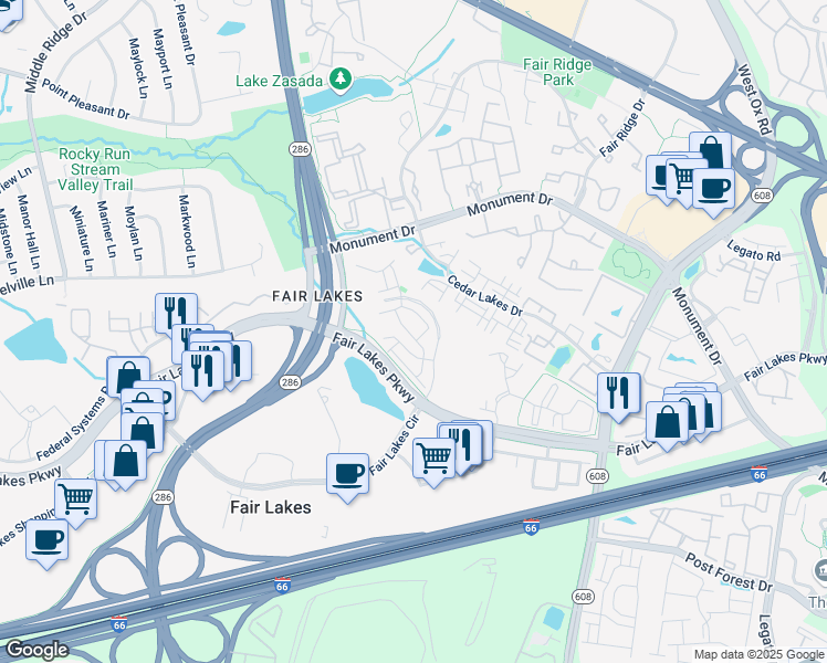 map of restaurants, bars, coffee shops, grocery stores, and more near 4393 Denfeld Trail in Fairfax