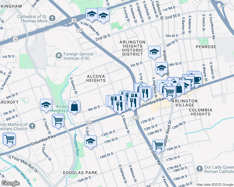 map of restaurants, bars, coffee shops, grocery stores, and more near 835 South Monroe Street in Arlington