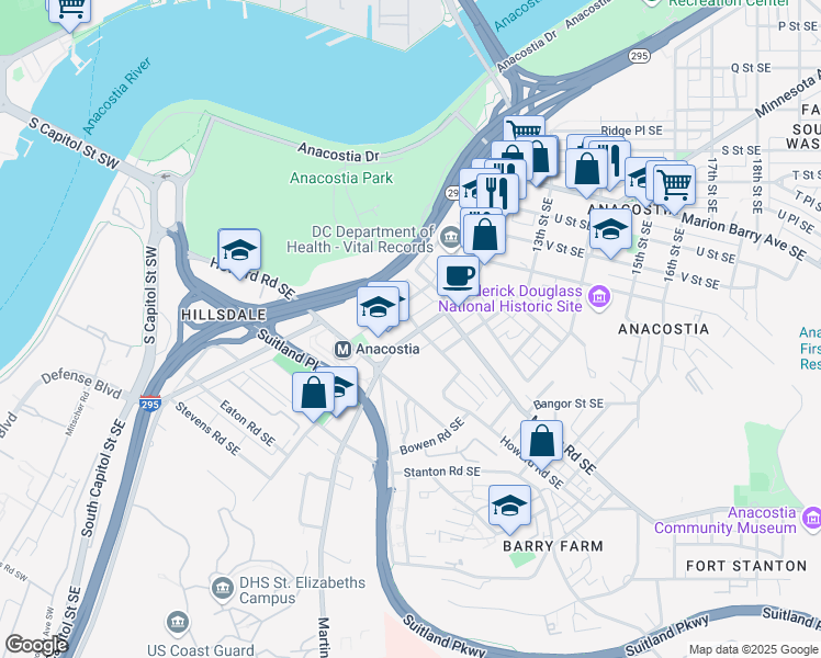 map of restaurants, bars, coffee shops, grocery stores, and more near 2403 Martin Luther King Junior Avenue Southeast in Washington
