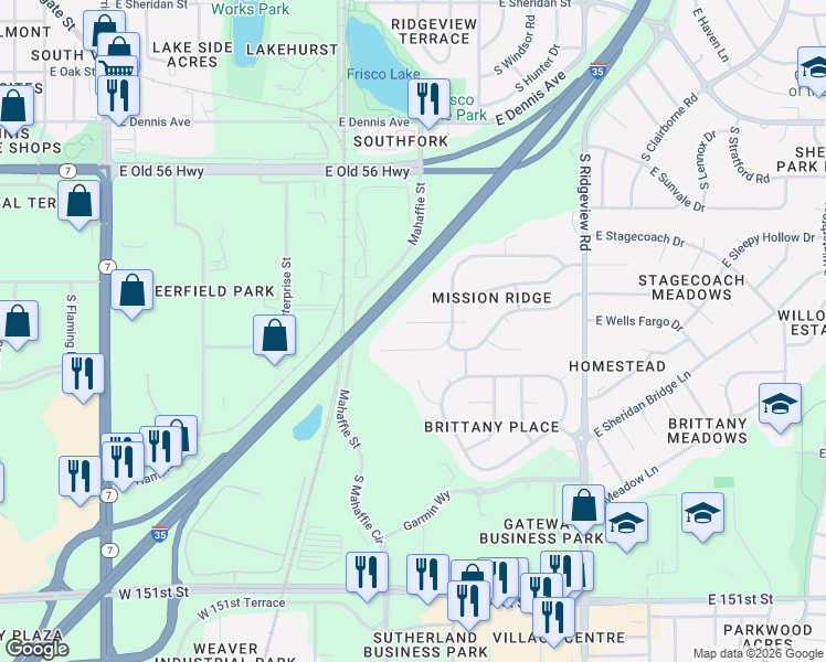 map of restaurants, bars, coffee shops, grocery stores, and more near 1118 East Frontier Drive in Olathe