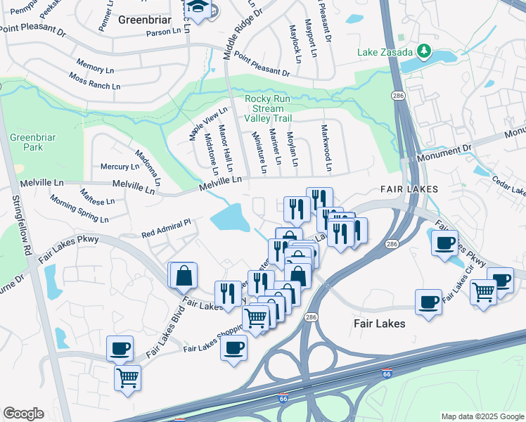map of restaurants, bars, coffee shops, grocery stores, and more near 4507 Fair Valley Drive in Fairfax