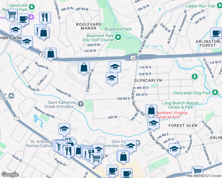 map of restaurants, bars, coffee shops, grocery stores, and more near 5995 5th Road South in Arlington