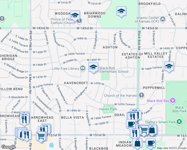 map of restaurants, bars, coffee shops, grocery stores, and more near 14701 South Brougham Drive in Olathe